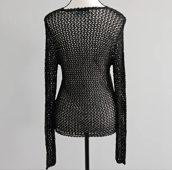 Vintage 90s Y2K Crochet Beaded Cardigan Black Women's M Boho Whimsigoth Festival - Picture 5 of 10